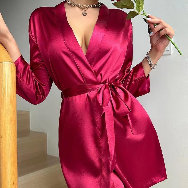Solid Satin Night Robe Long Sleeve V Neck Robe With Belt Women's Sleepwear