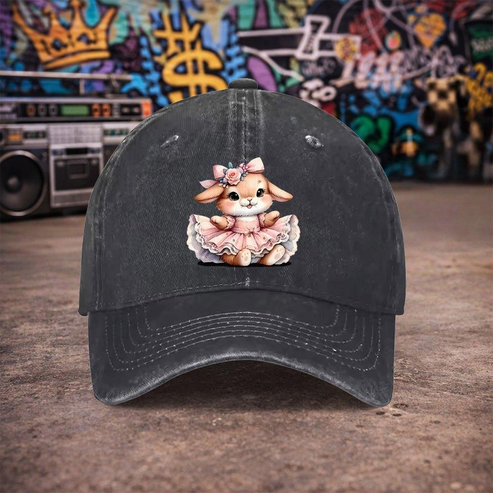 pc Unisex Cute Pink Floral Bunny Vintage Washed Baseball Cap Unisexs Trendy Hat Versatile Duckbill Cap Fun Print A Unique