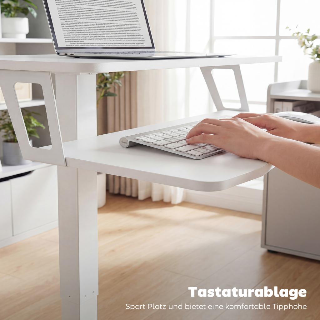 Height-Adjustable Standing Desk, Rolling Sit-Stand Desk with Keyboard Tray, Casters and Steel Frame, White
