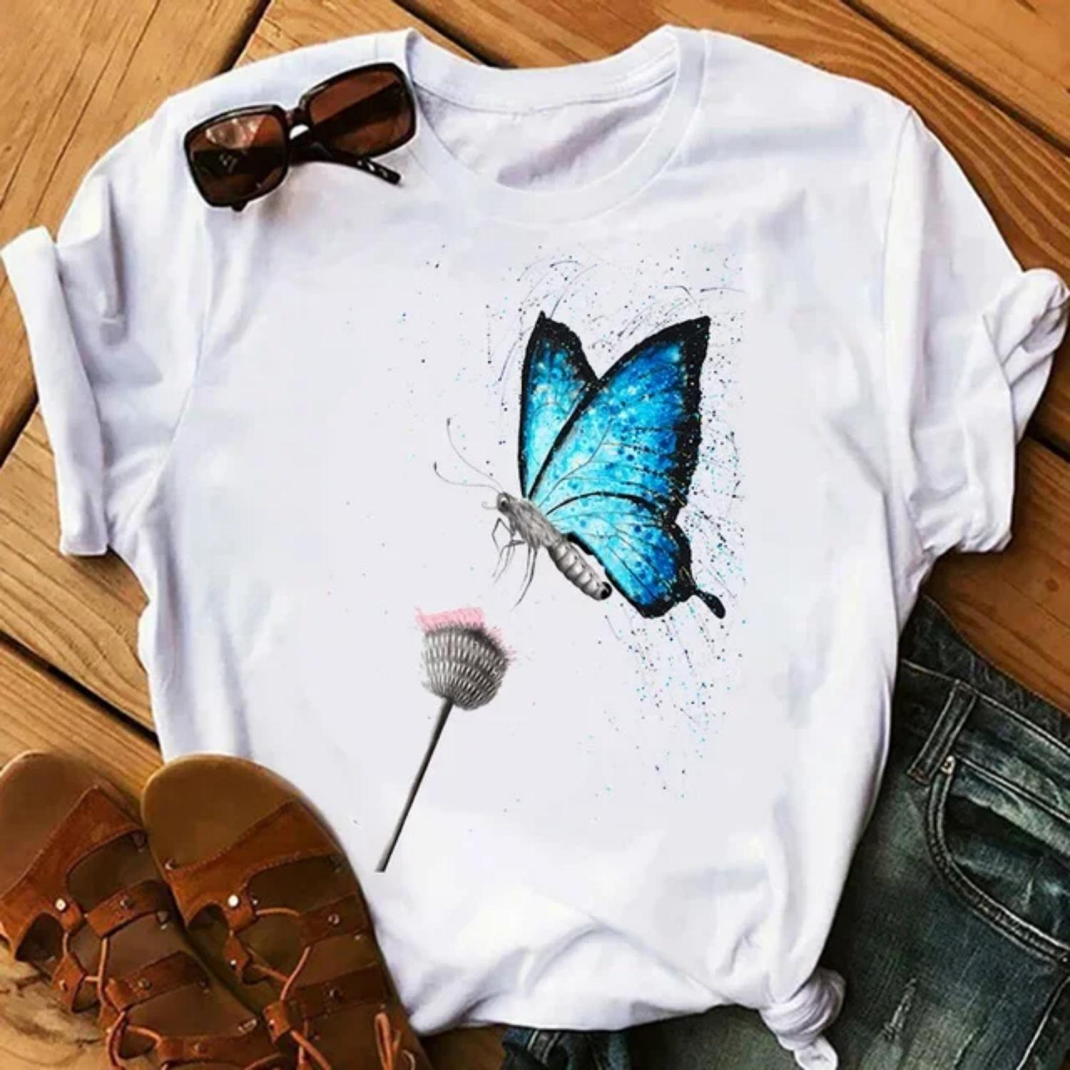 

Fashionable Short Sleeve T-Shirt Women s Base Shirt Floral Print Crew Neck Regular Length Bottoming Top for plus Size XXXXXL білий