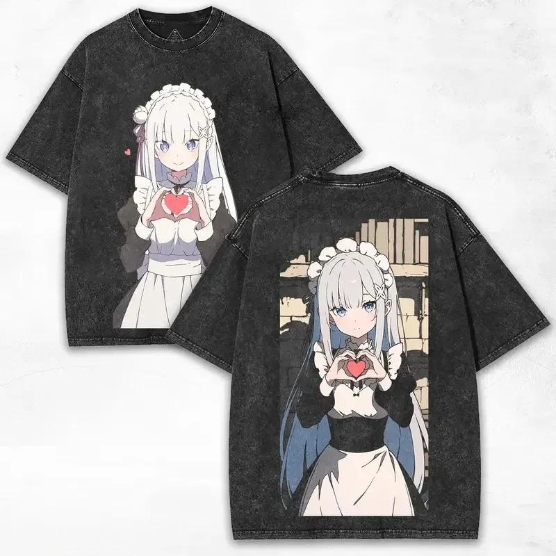 Re:Zero Rem Oni Horn Vintage Washed Anime T-Shirt, Unisex Kawaii Anime Fan Streetwear Tee, 100% Cotton Casual Short Sleeve Top