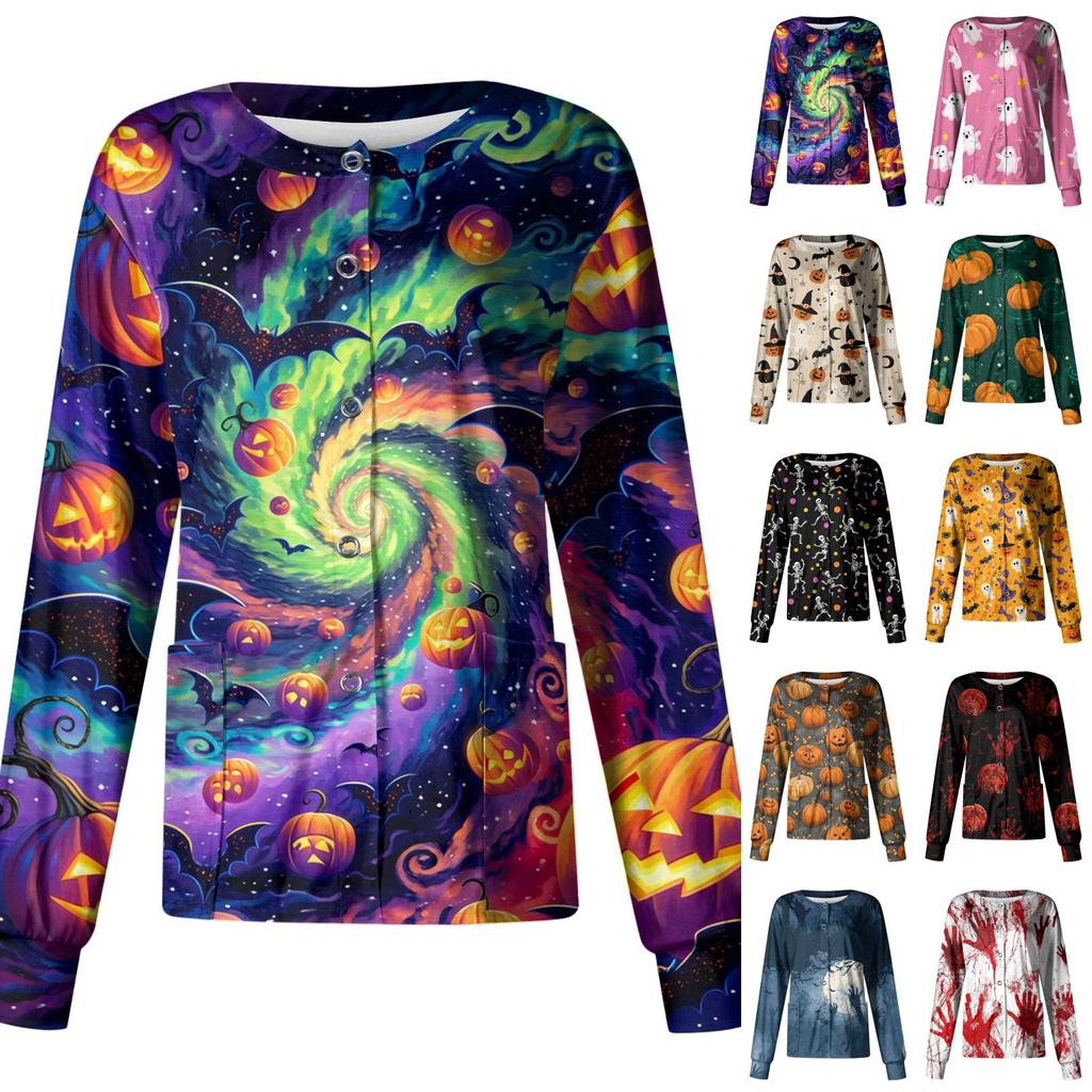 Women's Long Sleeve Single Breasted Halloween Print Cardigan Sweater