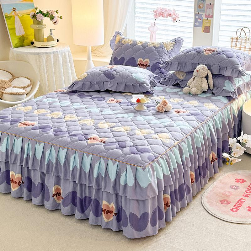 3pcs Bed Skirt Set Solid Color Quilted Thickened Lace Decoration Includes 1 Bed Skirt + 2 Pillowcases Suitable for Home And Hotel