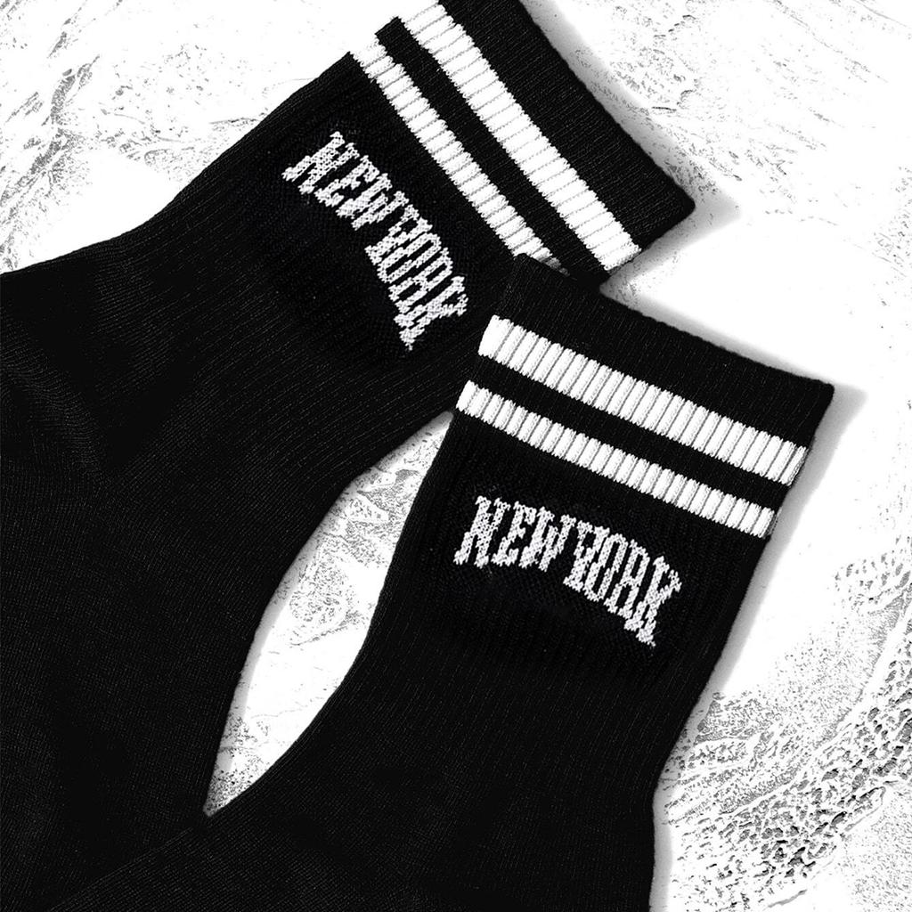 3/5/10 Paar Damen Crew-Socken, Schwarz mit Schriftzug "New York" und Streifen, Bequem, Atmungsaktiv, Feuchtigkeitstransportierend, College
