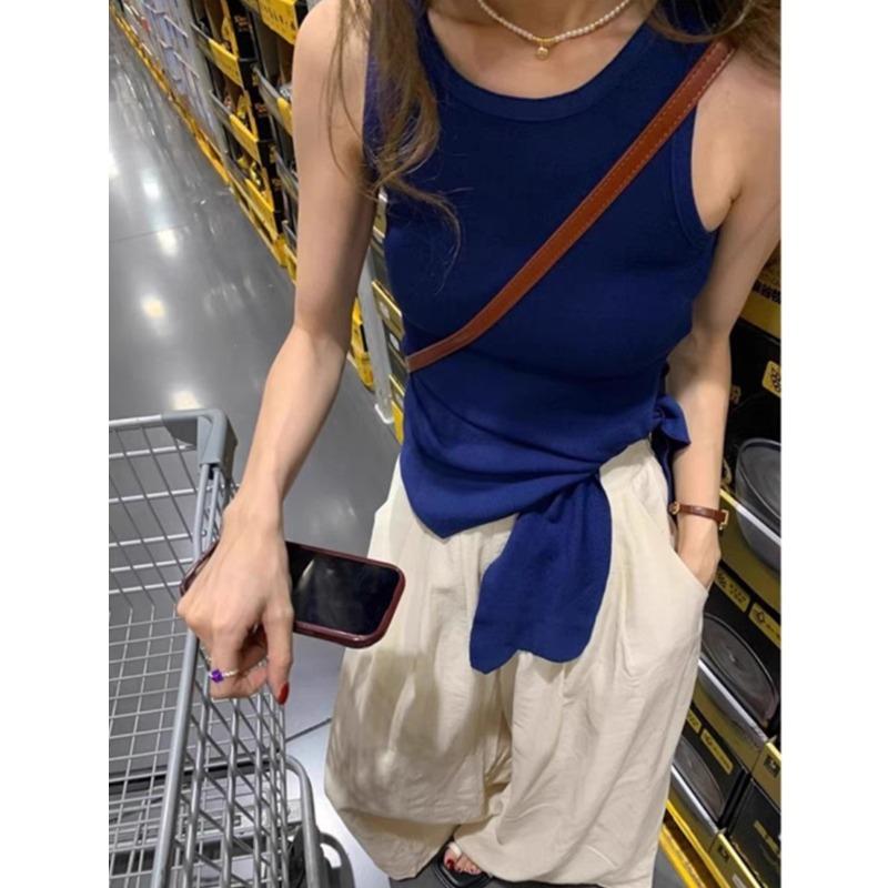 

Модный сексуальный вязаный жилет на бретелях без рукавов для женщин, летний жилет для ношения под одеждой, блузка с неровным краем, облегающий, с разрезом, повседневный, простой, офисный топ, одежда с круглым вырезом one size синий