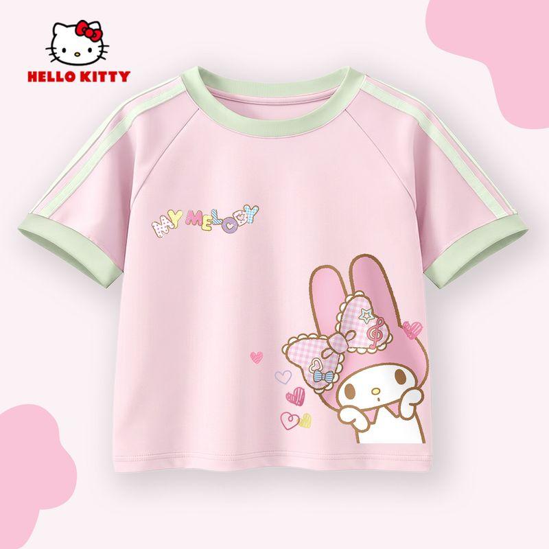 Melody Girls Summer Outfit 2026 New Children s Short-Sleeve T-Shirt White Pleated Skirt Summer Two-Piece Set Trendy Ti Pong Face Colorful K Mousse Powder 110