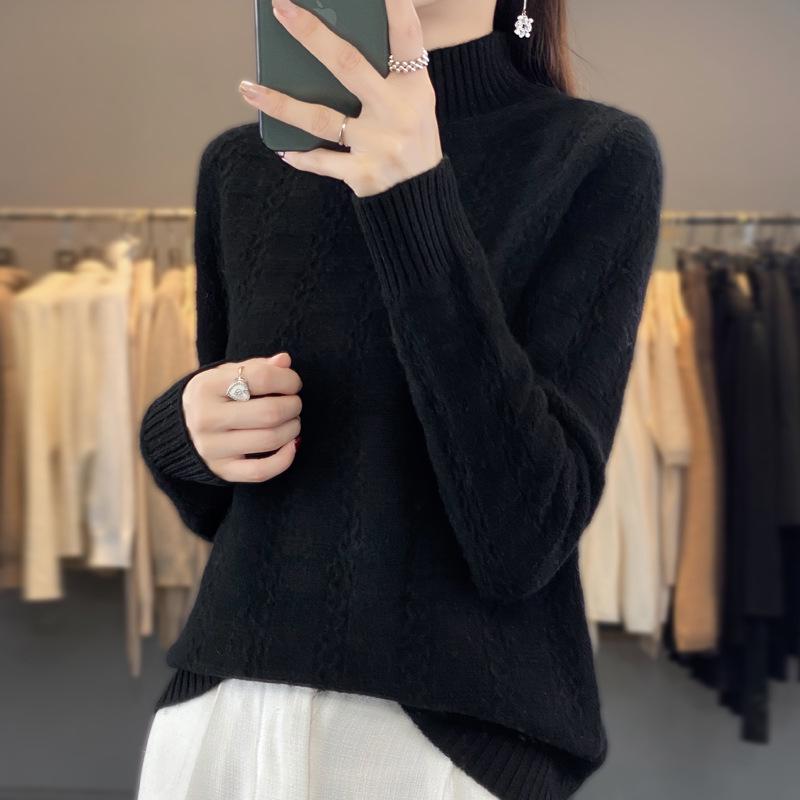 Women's Loose Thickened Mid-Neck Wool Knitwear - Autumn/Winter Long Sleeve Base Layer Sweater