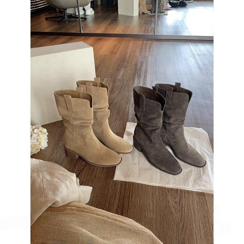 Height Increase~ Round Head V-mouth Thick Heel Thick Sole Thin Large Tube Circumference Stacking Short Boots