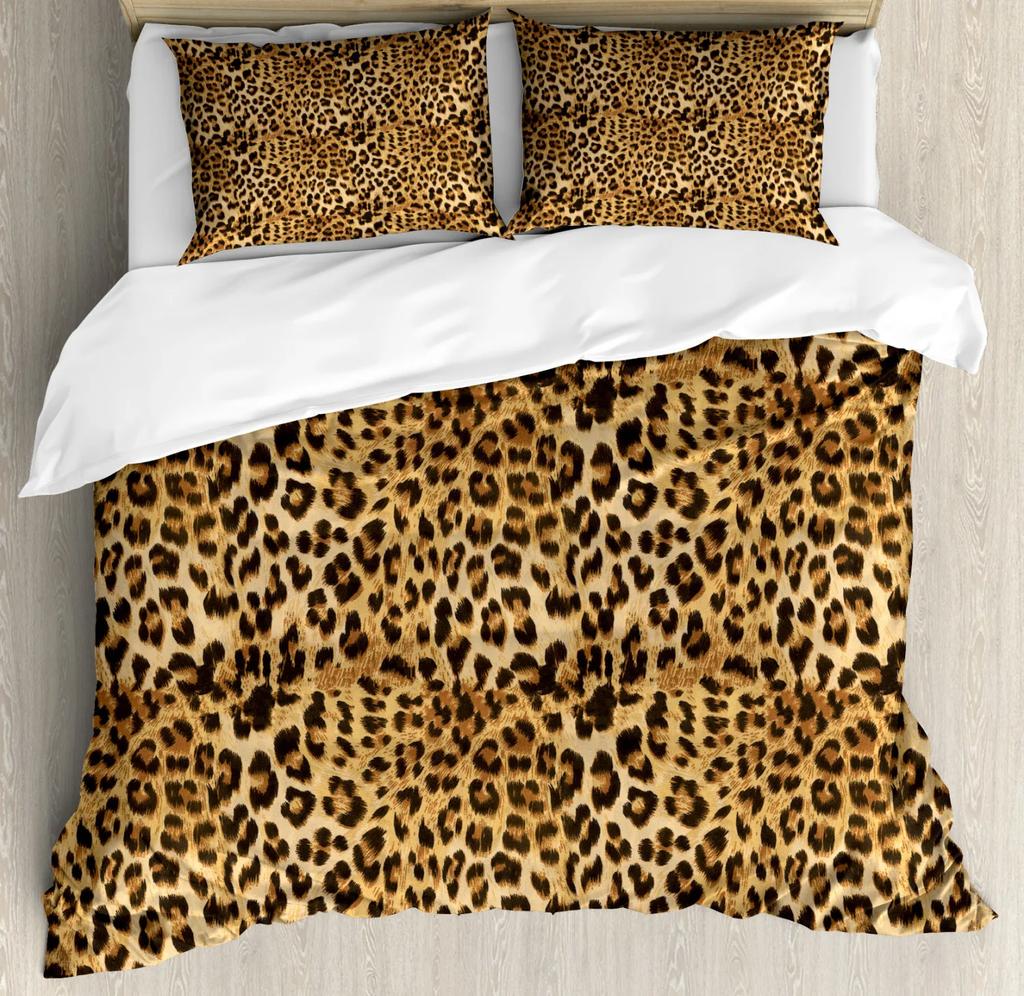 Leopard Duvet Cover Set King/Queen Size,African Predator Animal Skin Spotted Pattern Quilt Cover Brown Polyester Bedding Set