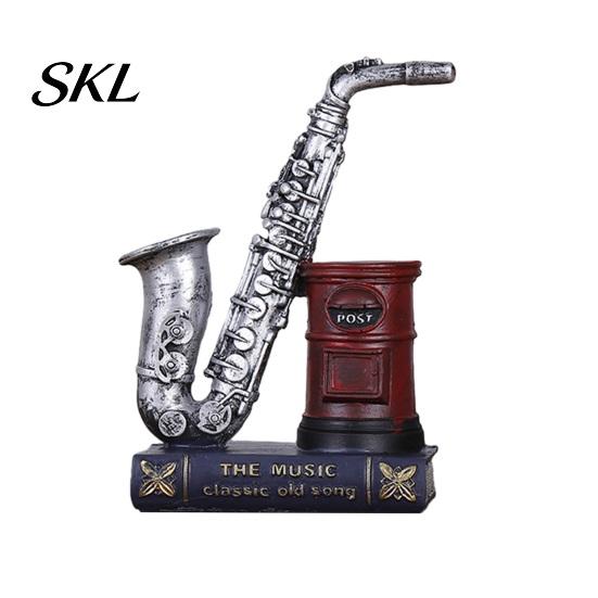 Retro Desk Decor Vintage Saxophone & Violin Pen Holder, Resin Musical Instrument Organizer, Weighted Artistic Organizer Base Pencil Stand for