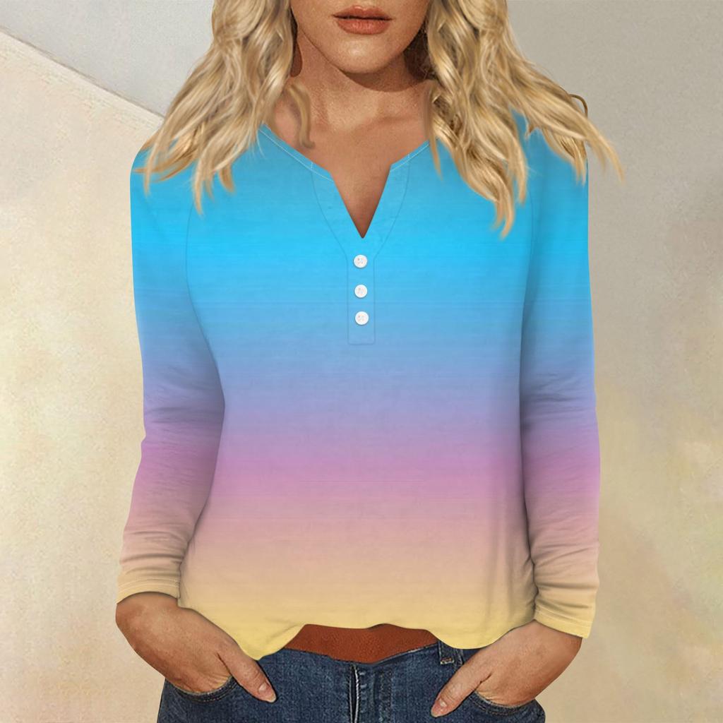 Women's Fashion Casual Printed V-neck Long Sleeve Button Up T-shirt Top