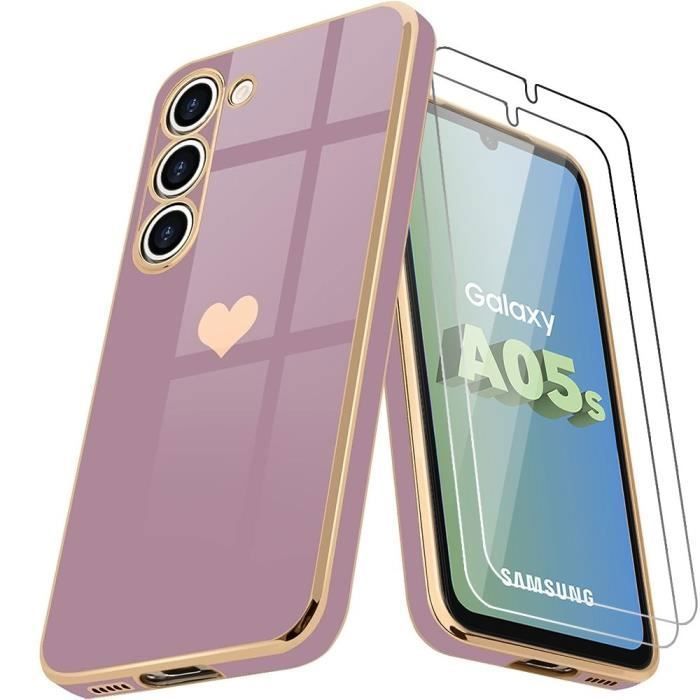 Coque + Verres pour Samsung Galaxy A05s - BOOLING - Violet - Antichoc - Motif Cœur Doré