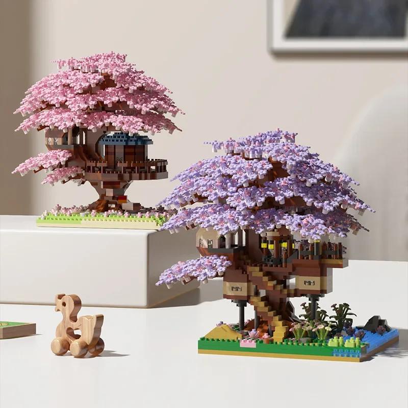 DIY Lila Romantische Kirschblütenblume Rosa Baumhaus Zug Montage Bausteine Klassisches Modell Steine Spielzeug für Kinder