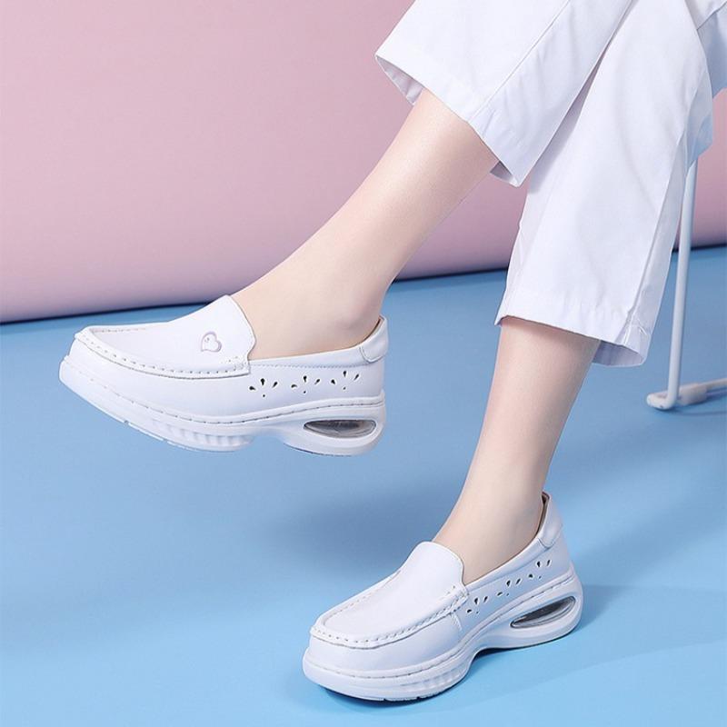 Women's Thick Soled Work Shoes Soft Soled Leather Breathable and Non-slip Nursing Shoes White Hollow Wear-resistant Casual Shoes
