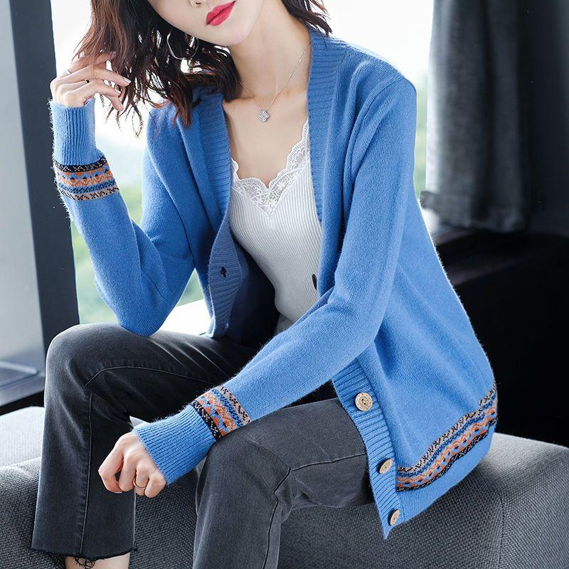 Women's Knitted Sweater Spring and Autumn Models V-neck Colour Blocking Long-sleeved Ethnic Wind Cardigan Jacket Jumper Ladies Tops