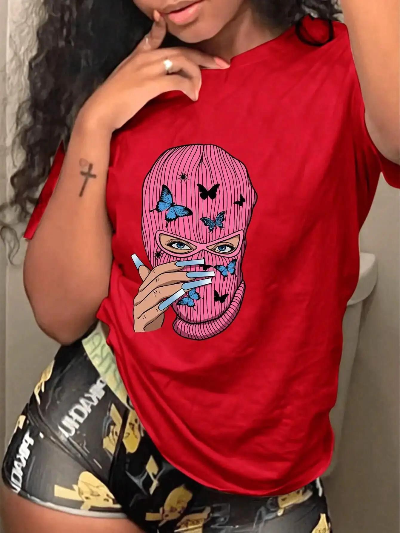 

Женская футболка с принтом масок и бабочек, короткий рукав, летняя мода, футболки с круглым вырезом, мягкая женская одежда больших размеров 3XL