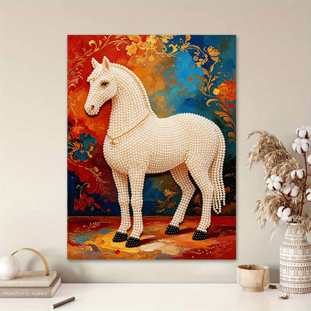 5D Pearl Art Majestic Horse Design DIY Rhinestone Painting Frameless Wall Decor Handmade Craft Gift for Home Bedroom Living Room