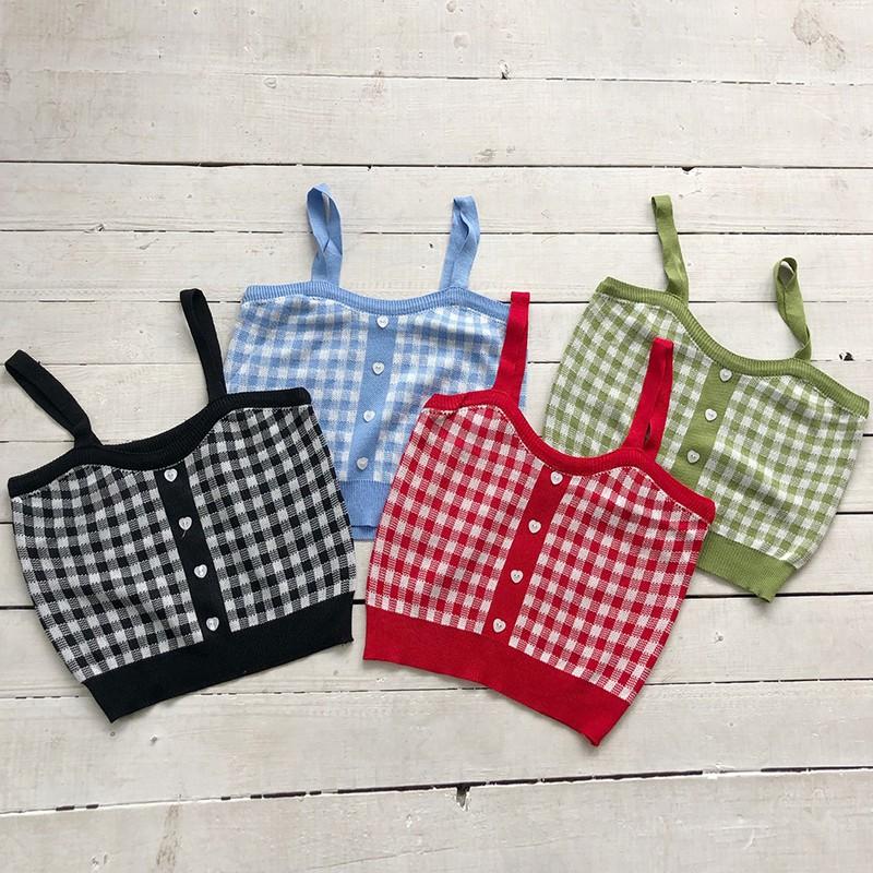 

Retro Sweet Plaid Pattern Knit Camisole Cotton Slim Women s Bottoming Crop Top One Size