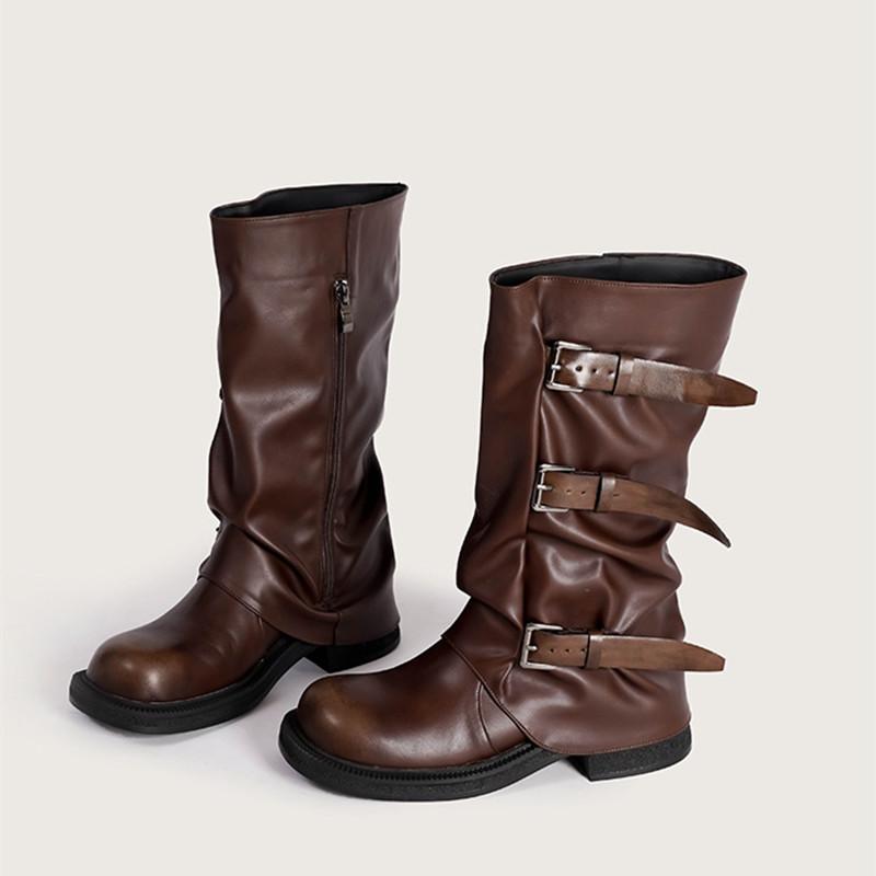 Vintage Soft Leather Belt Strap Buckle Mid-Calf Women Motorcycle Boots Fashion Thick High Heels Autumn Winter Knight Booties