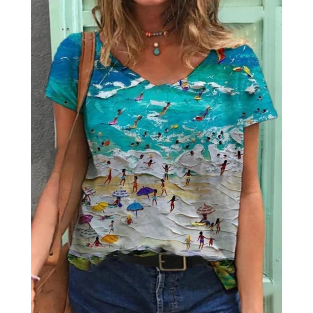 Summer New Fashion Women's T-shirt Casual Short-sleeved Harajuku 3D Printed Trendy Top V-neck Street Loose Large Size Clothes