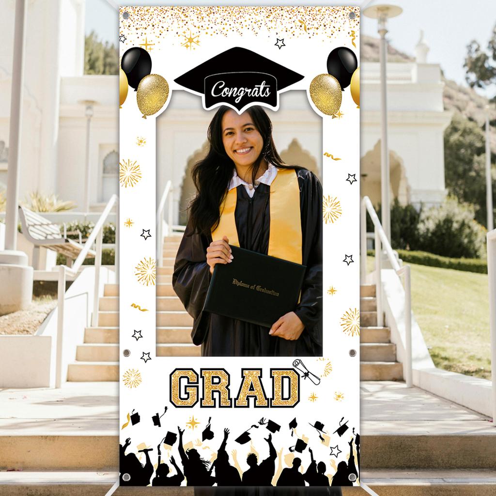 Black Gold Graduation Cloth Photo Booth Props Frame Class of 2026 Happy Graduation Season Party Decorations Grad Favors Supplies