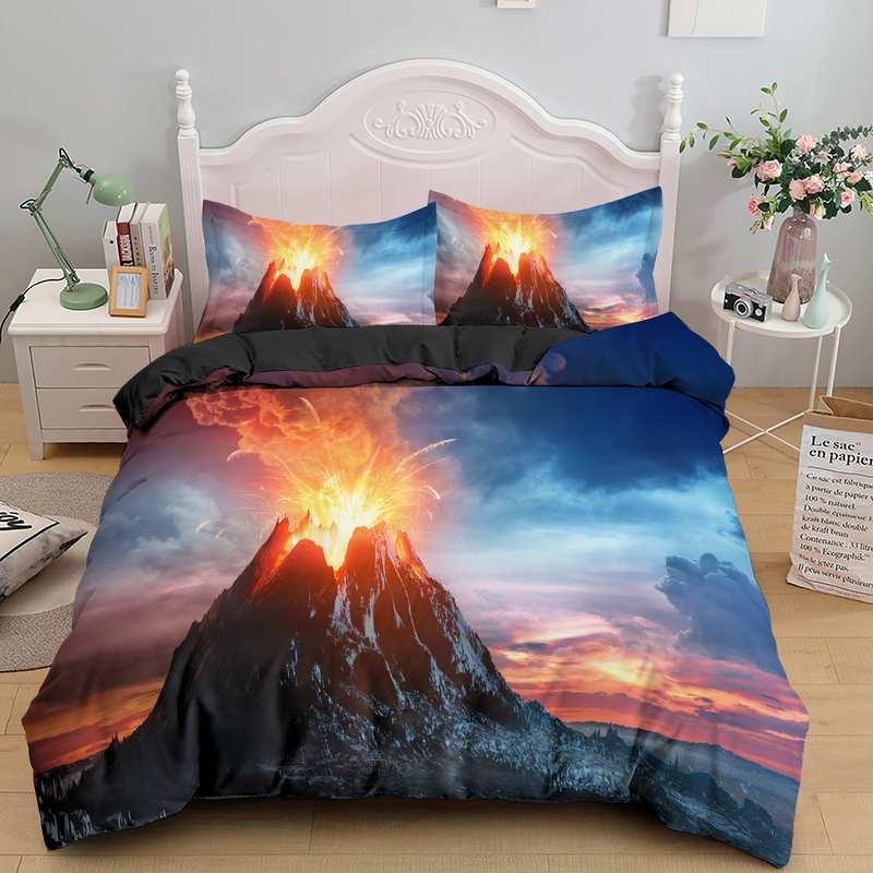 Volcano Duvet Cover Set King Size Disaster Pattern Red Yellow Comforter Cover Microfiber Lava Bedding Set For Adult Boy Men Teen