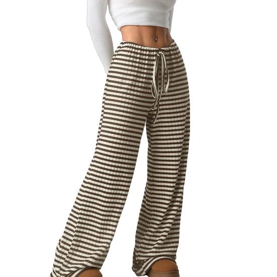 Women Pants Elastic Waist Adjustable Drawstring Striped Casual Wide Leg Trousers Design Loose Fit Daily