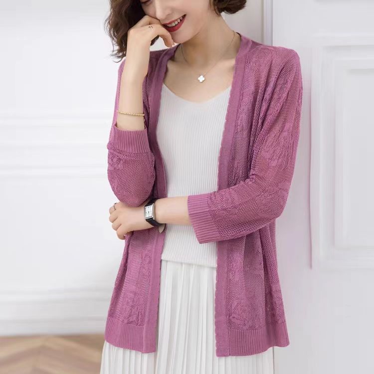 Middle Aged and Elderly Women's Long Knitted Cardigan with Summer Hollow Out Thin Design Paired with A Shawl and Air Conditioning Shirt