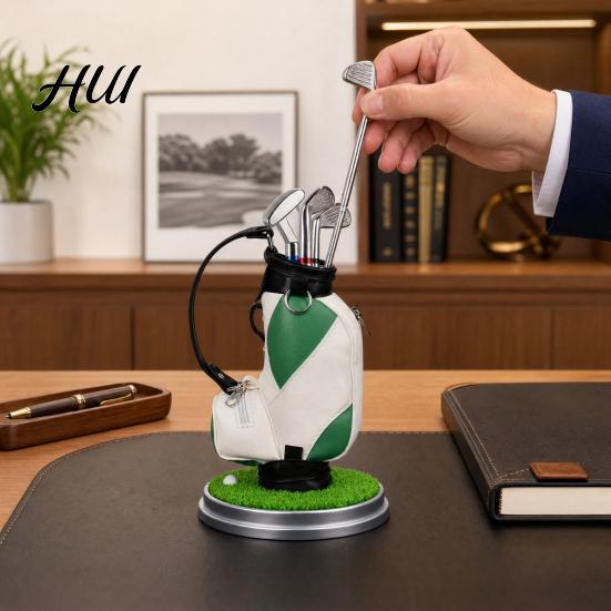 Practical Office Supplies Men Golf Pen Holder Set, Mini Bag Desk Organizer with 3 Set Club Pens, Novelty Decor for Men, Business Gift Desktop