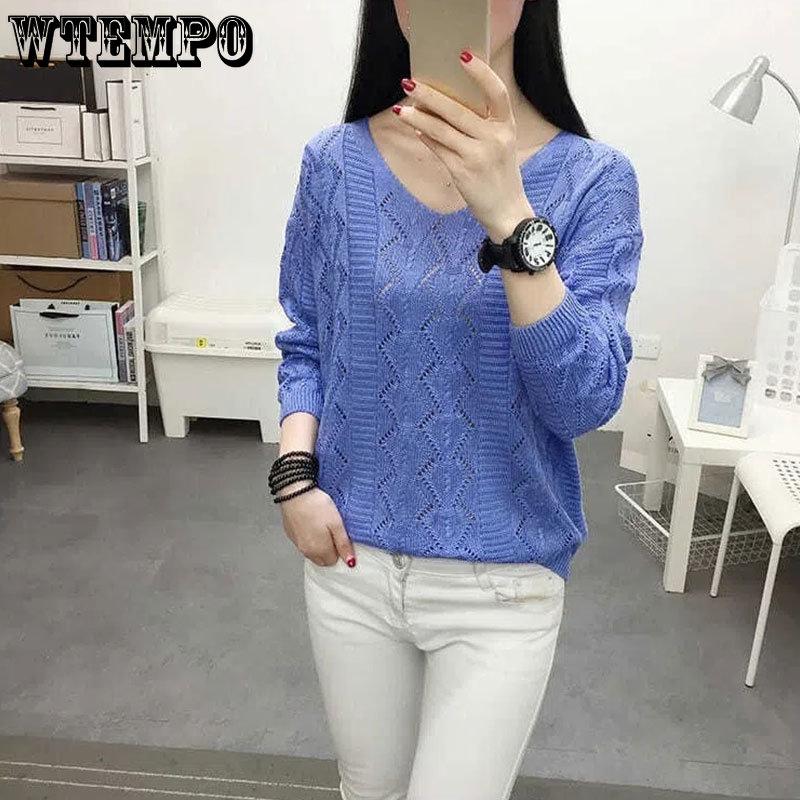 Women's Knitwear Hollow Long Sleeve Bottoming Shirt Spring and Autumn V-neck Thin Knitted Pullover Outfit Korean Style Sweaters