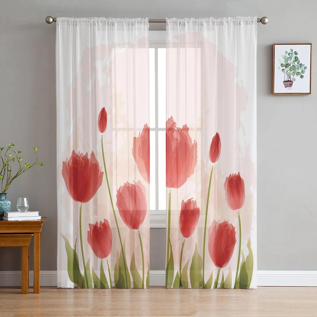 Spring Tulips Easter Mother Day Flowers Tulle Curtains Living Room Home Kitchen Decor Bedroom Window Drapes Light Filtering Made Of Polyester Sitting