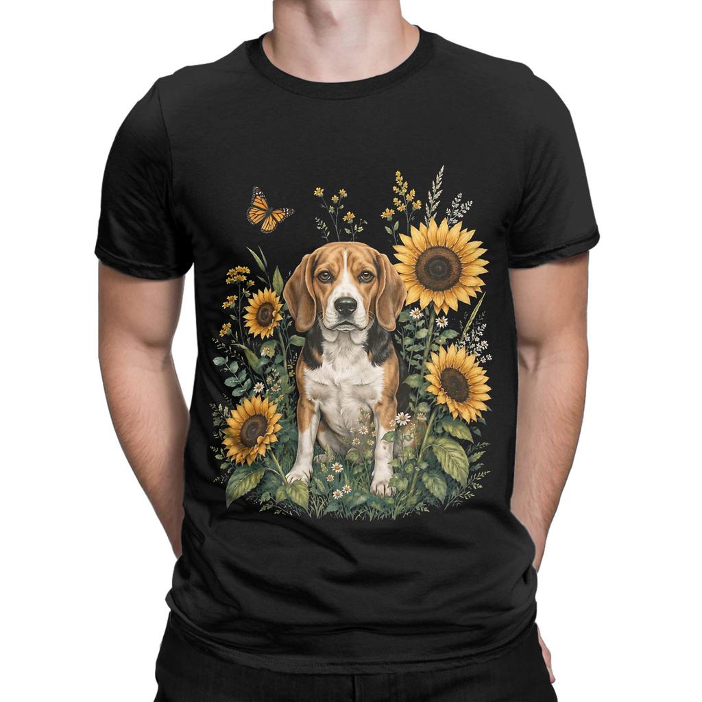 Beagle With Sunflower Cottagecore Art Dog Owner Novelty 100 Cotton Tshirt Beagle Tees Tops For Unisex