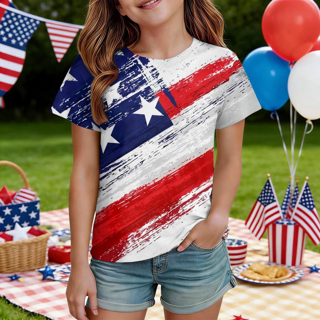 Kids Independence Day Print Round Neck Short Sleeve Casual T-shirt