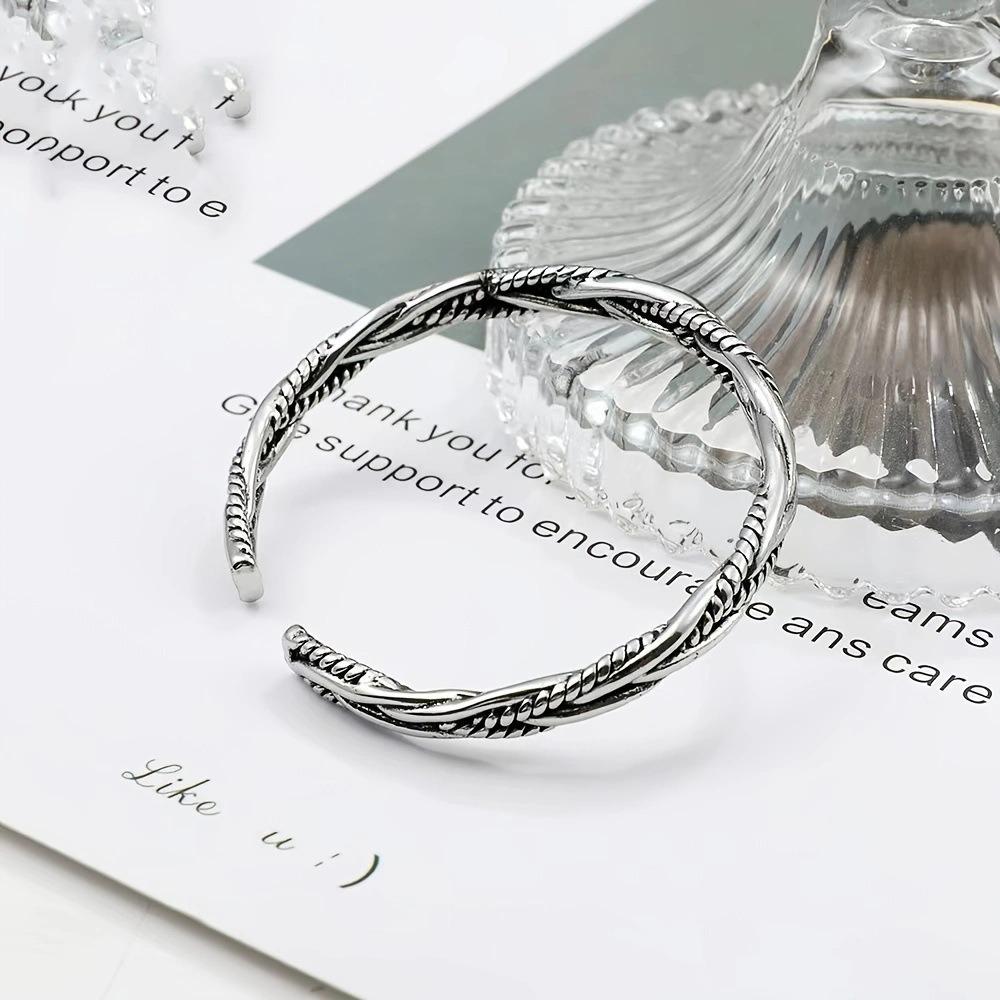 Hip-hop Personality Ancient Silver Weave Twist Opening Adjustable Bangles for Men Women Couple Retro Simple Jewelry Accessories