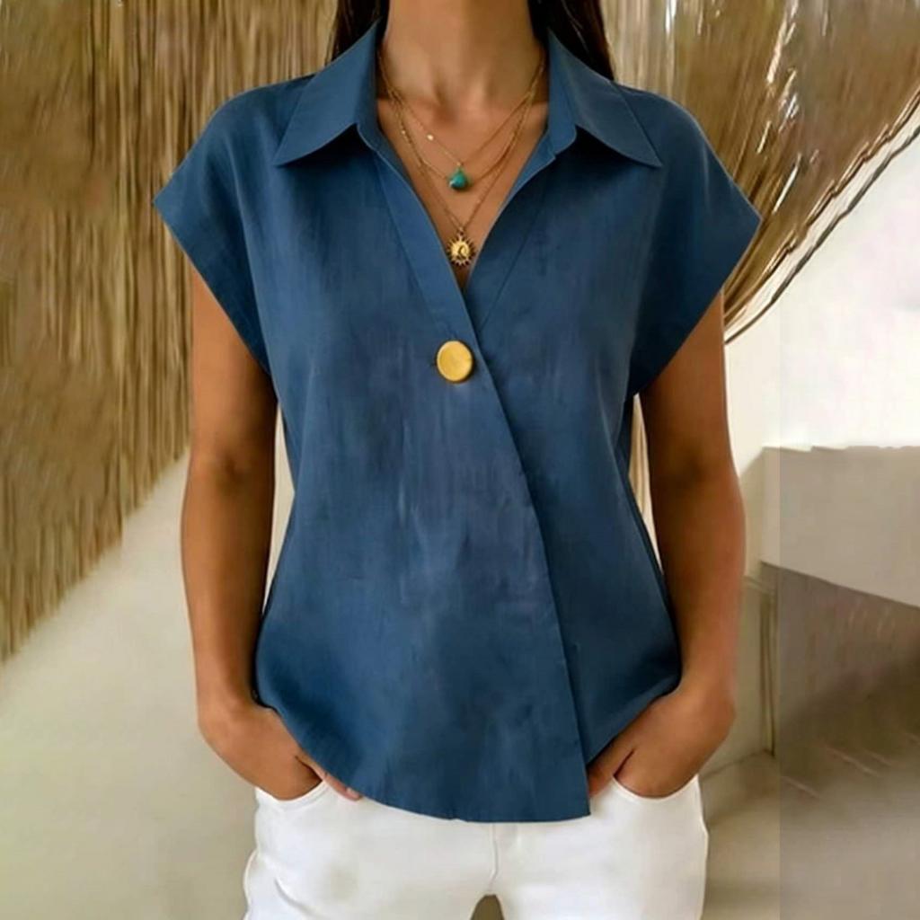 Women V Neck Button Down Shirt Short Sleeve Casual Blouse Lightweight Relaxed Fit Summer Top
