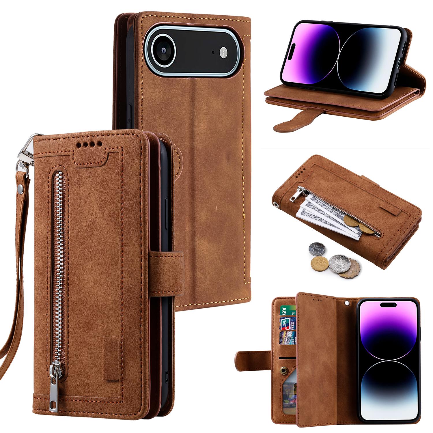 For iPhone Air Case 9 Card Slots Zipper Wallet PU Leather Phone Cover with Wrist Strap A
