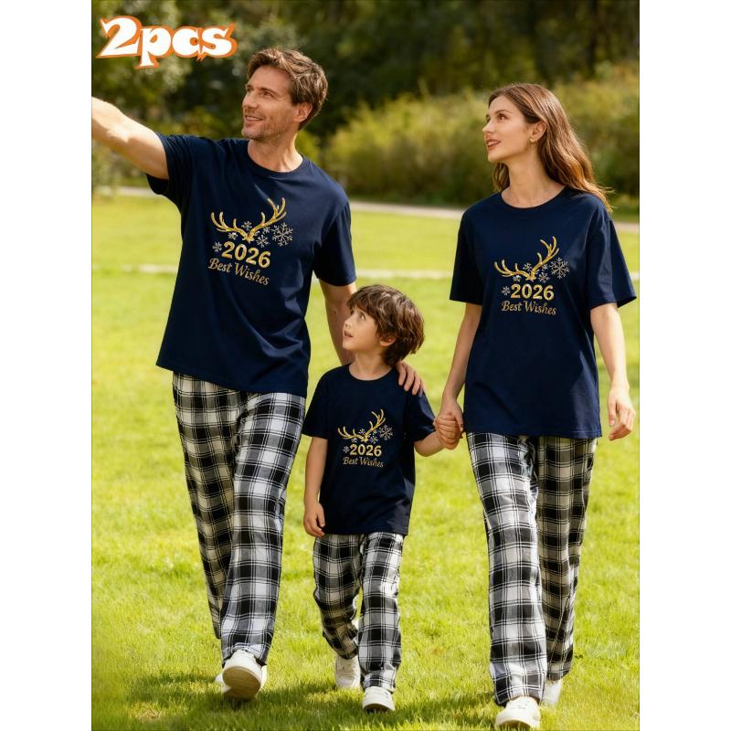 2026 Family Coordinating Loungewear, Soft Short Sleeve Tees Plaid Bottoms, Indoor Family Fun