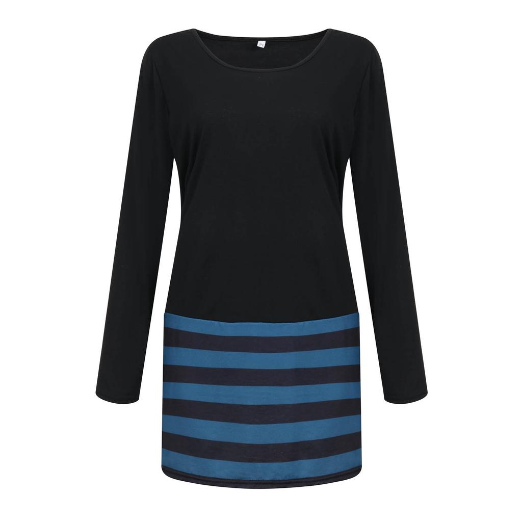 Damenmode Neues Rundhals-Langarmkleid Gestreiftes Freizeitkleid