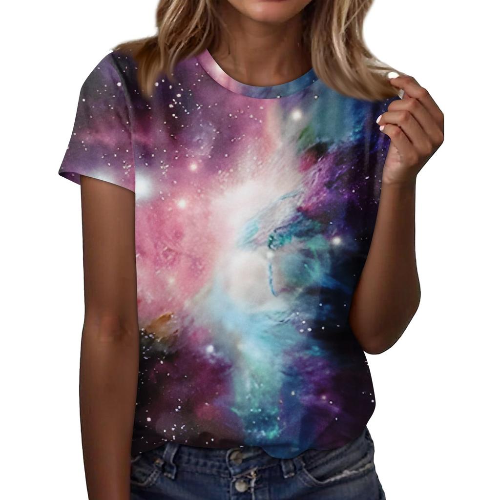 Women's Casual Loose Printed T-shirt Round Neck Pullover Short Sleeved Top