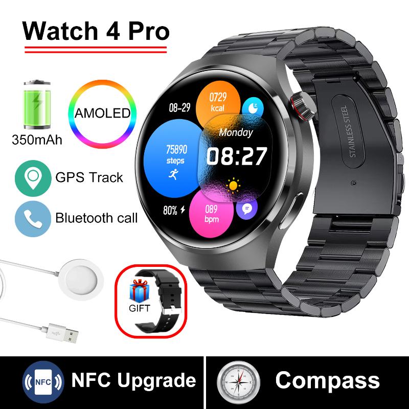 

2025 Новые умные часы WATCH 4 Pro Health для мужчин, экран 360*360 AMOLED, NFC, GPS-трекер, компас, BT, датчик кислорода в крови, IP68, спортивные умные часы Steel belt чёрный