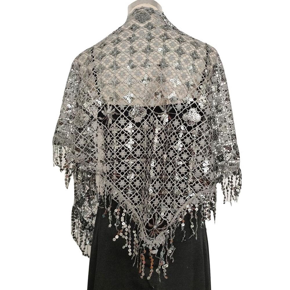 Hollow Triangle Sequin Lace Shawl Bridal Wedding Women Luxury Party Wrap Female Shiny Glitter Stole Club Scarf with Tassel