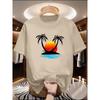Men's Summer Loose and Comfortable Breathable Coconut Tree Print Round Neck Short Sleeved T-shirt Top