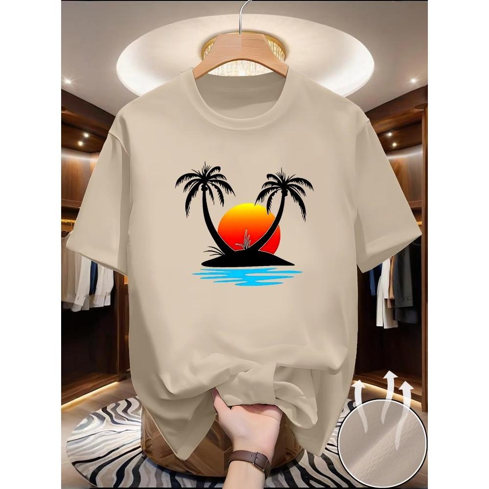 Men's Summer Loose and Comfortable Breathable Coconut Tree Print Round Neck Short Sleeved T-shirt Top