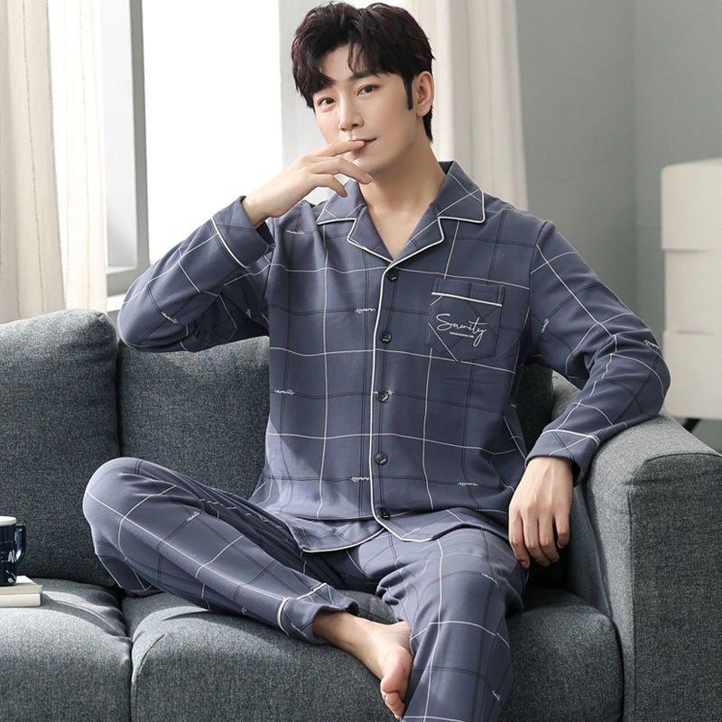 Men's Plus Size Long-Sleeve Plaid Cotton Pajamas for Spring & Autumn, Suitable for Outdoor Wear.