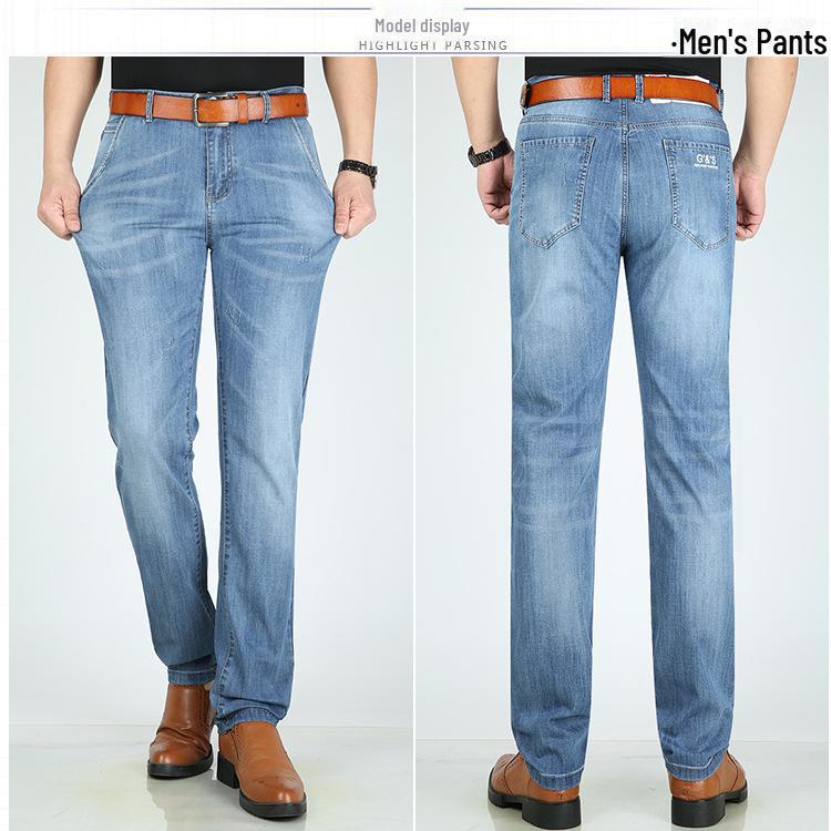 Men's High-Quality Cotton Elastic Waist Straight-Leg Jeans for Summer - Business Casual Solid Color Pants