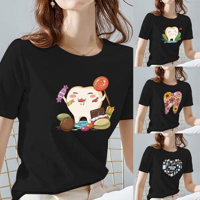 T-shirts d'été pour femmes Imprimé motif dents Hauts pour femmes T-shirt décontracté Basique noir et blanc T-shirt pour dames Vêtements pour femmes