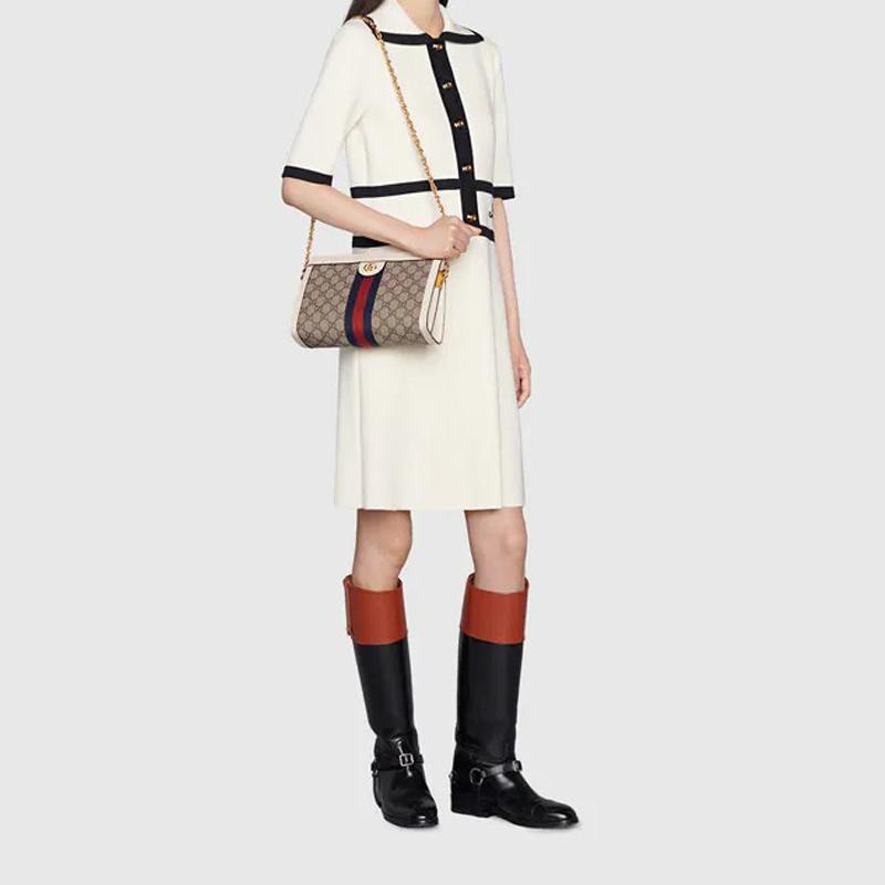 Gucci Ophidia Vintage Logo Stripe Web Chain Canvas And Leather Envelope Clutch Bag Women Bags Ebony White 503877-K05NB-9794