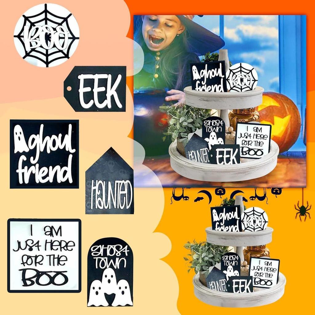 Halloween layered tray decoration, Halloween decoration hunting house black cat BOO ghost table wooden signage tray