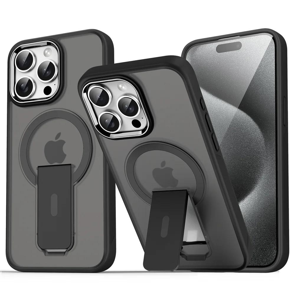 

Luxury For Magsafe Folding Stand Magnetic Phone Case For iPhone 16 15 14 Plus 13 12 11 Pro Max Matte Translucent Back Cover Caps For iPhone 13Pro Max