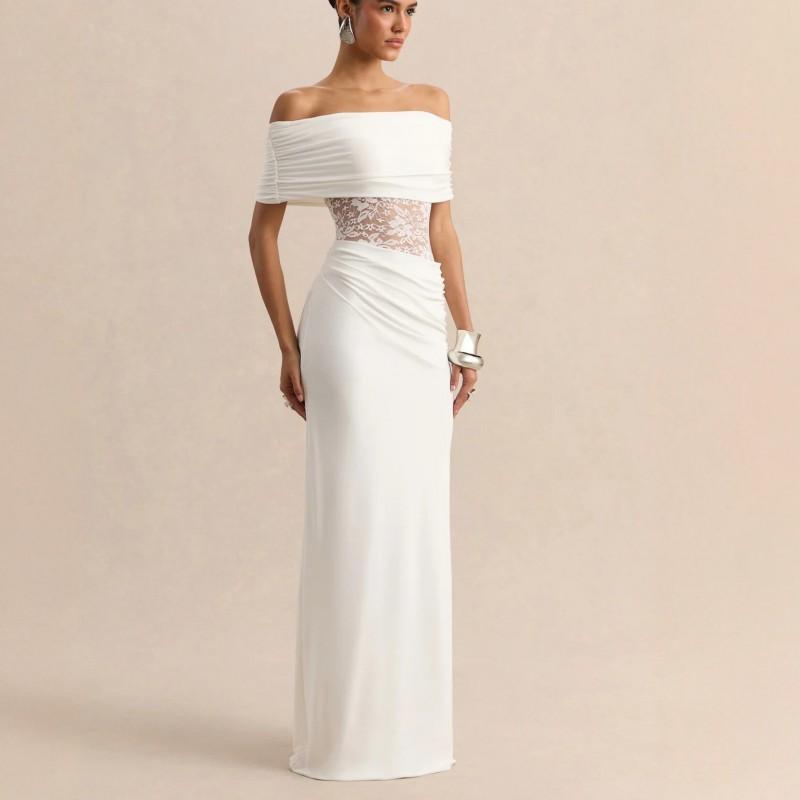 Womens Ruched Strapless Off-Shoulder Long Dress With Lace Cutout Panel Slim Fit Maxi Vacation Beach